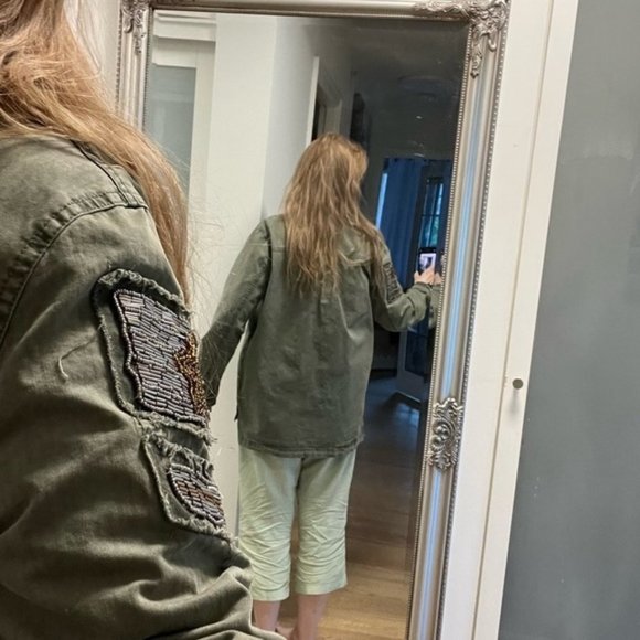 Nanette Lapore army green military style denim jacket with beaded crests - Picture 11 of 11